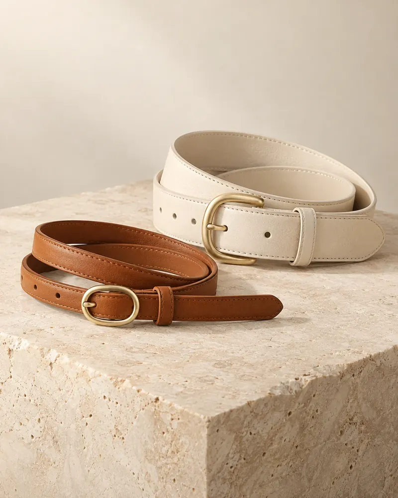 Women’s cognac and ivory leather belts with curved gold buckles