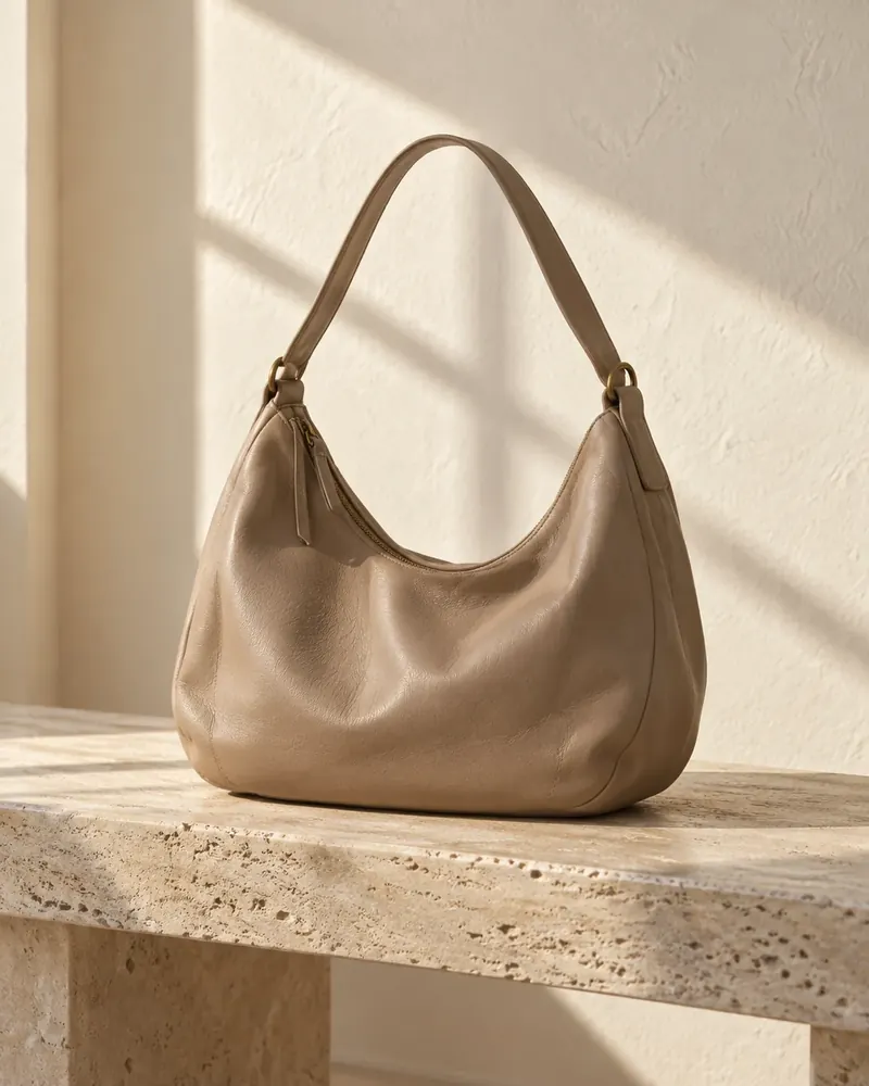 Soft taupe leather crescent hobo bag on a stone bench