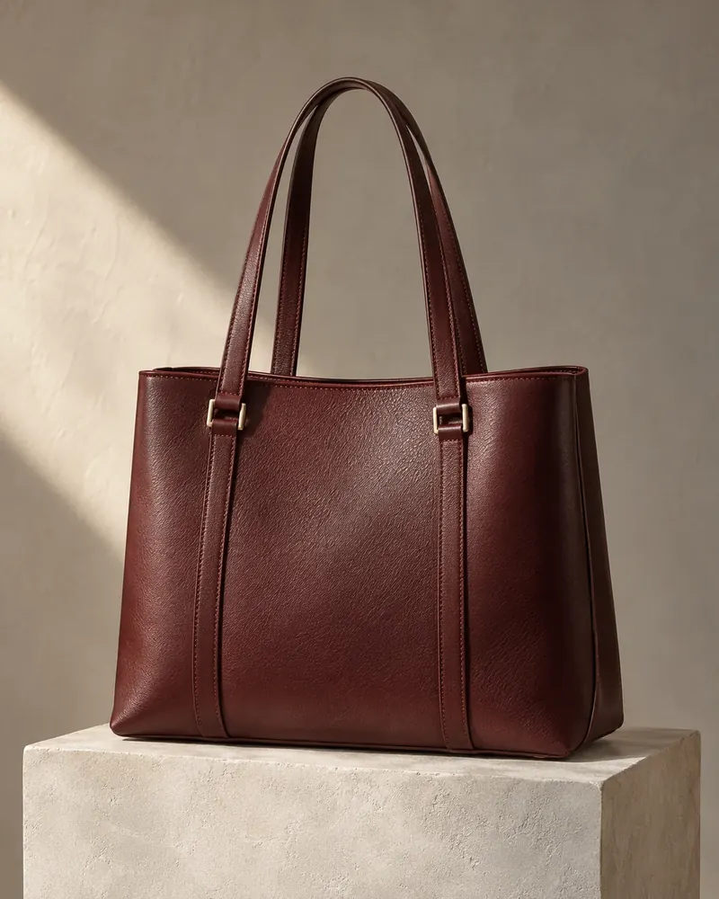 Structured oxblood leather tote with long shoulder handles