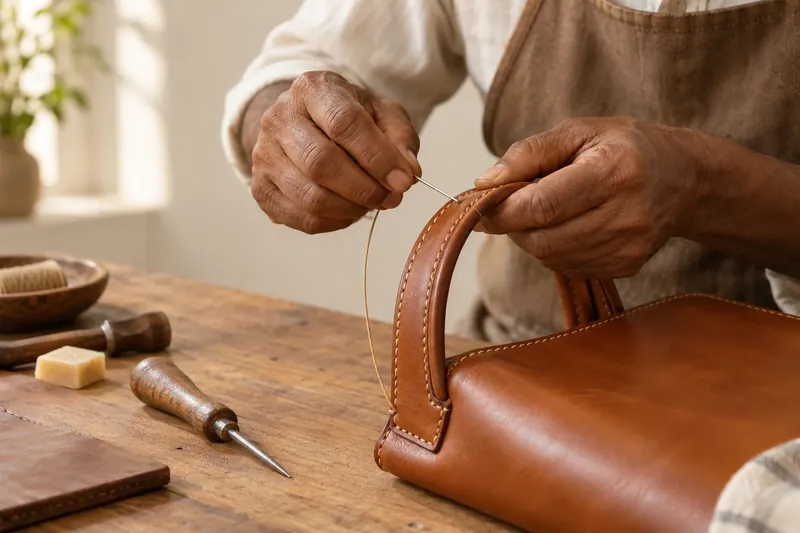 Experienced hands stitching the edge of a leather handbag handle