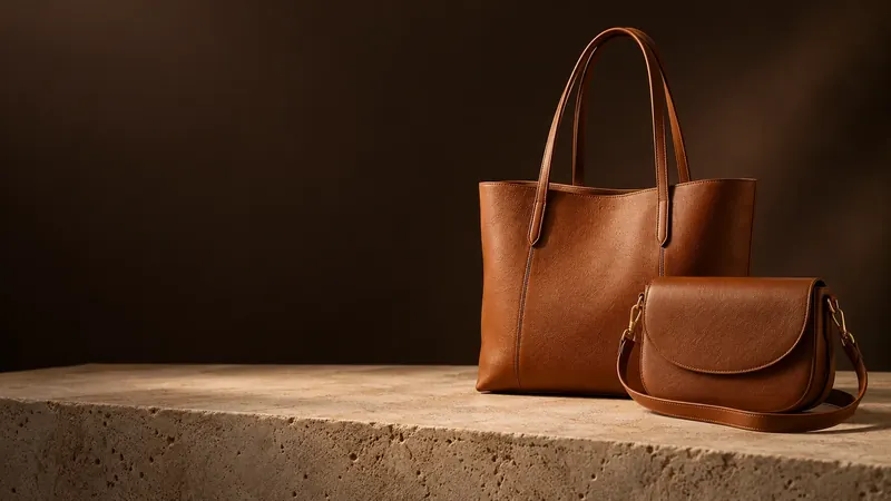 Cognac leather tote and crossbody bag on warm stone