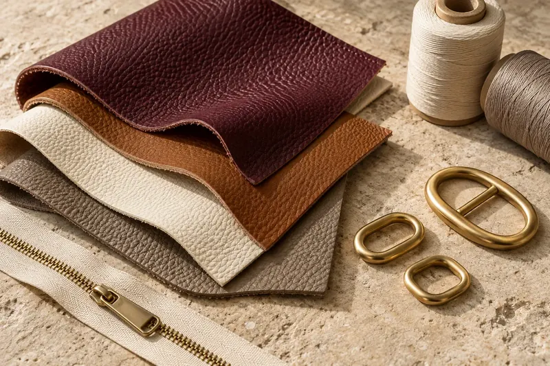 Leather swatches, gold hardware, zipper and thread for a collection