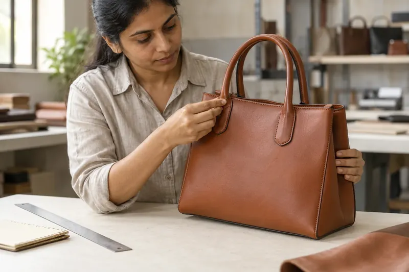 Woman examining the stitching and handle attachment of a leather tote