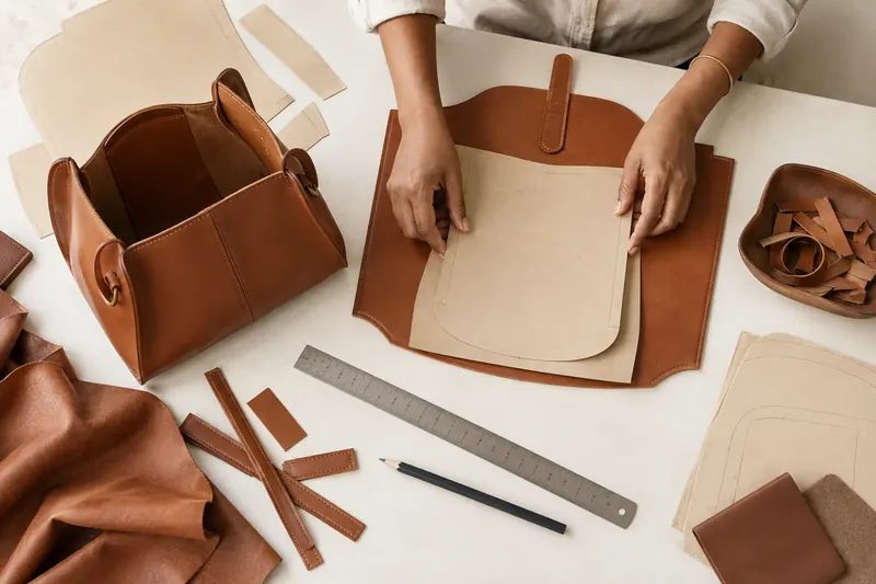 Hands aligning a handbag pattern on leather at a sampling table