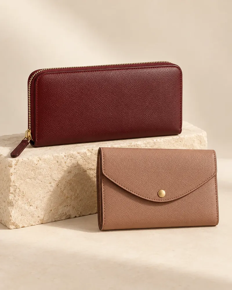 Women’s burgundy zip-around wallet and rose-taupe flap wallet