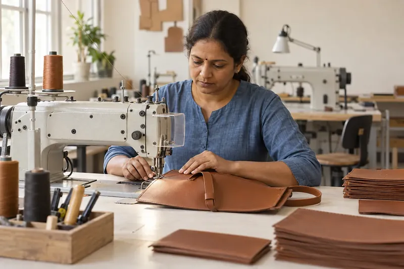 Woman guiding a leather handbag panel through a sewing machine